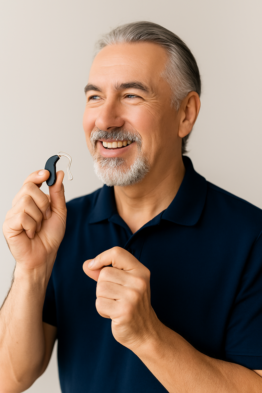 Mężczyzna trzymający aparat słuchowy